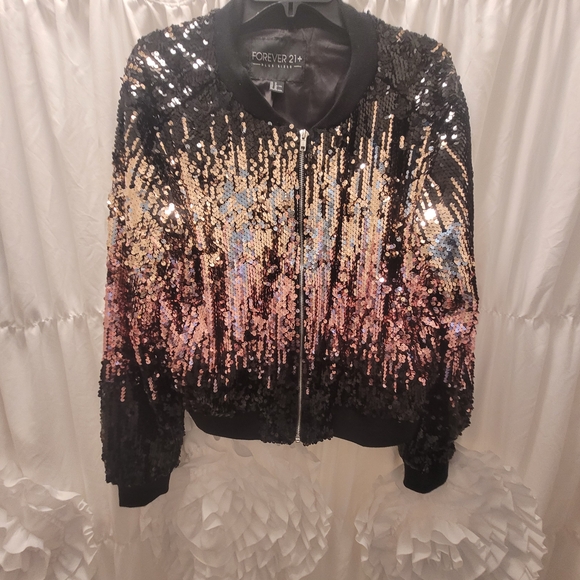 Forever 21 Black, Gold and Pink Ombre Sequin Bomber Jacket - Picture 1 of 3